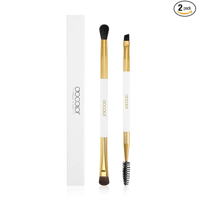 Docolor Duo Eyebrow Brush with Eyeshadow Brushes, 2PCS Professional Angled Eye Brow & Spoolie Brush Premium Synthetic Bristles Perfect for Lining Shaping Brows, Spoolie for Brows/Lashes(White&Golden）