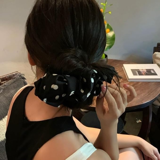Lemeilleur 2 PCS Polka Dots Silklike Hair Scrunchies Long Hair Hair Eleastic Bands Scrunchy Hair Ties Ropes Ponytail Holders Cloth Bands for Girls and Women