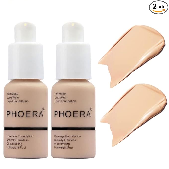 BestLand 2Pack PHOERA Foundation Full Coverage Liquid Foundation Cream - Long-lasting Lightweight Concealer - Oil-Free Formula - Natural Shade - Suitable for All Skin Types (2 Pack Nude #102)