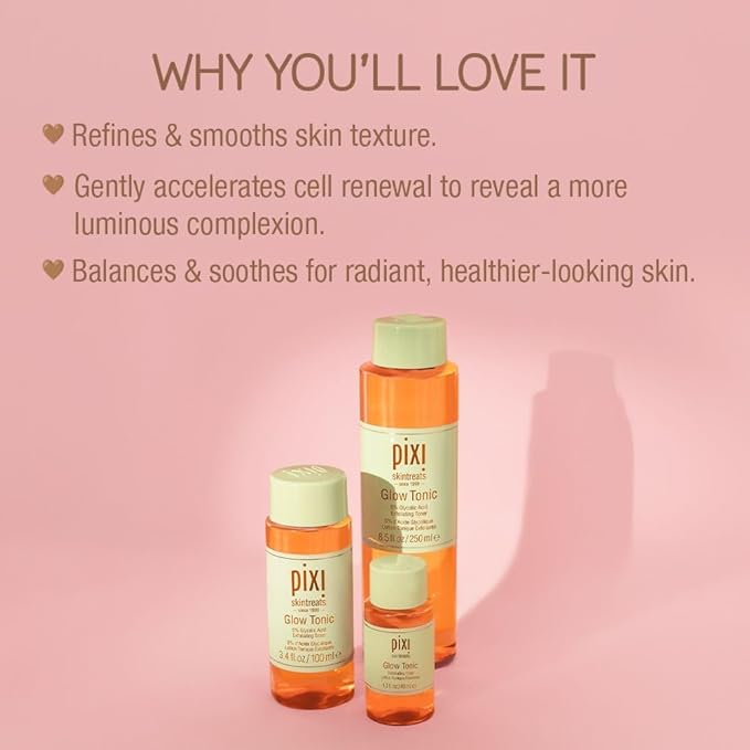 Pixi Glow Tonic Balancing Face Toner Glycolic Acid for Radiant Skin Daily Brightening Toner (3.4 fl oz / 100 ml)