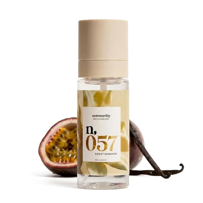 Noteworthy n,057 Sweet Embrace Body Mist Vanilla, Passionfruit & Tonka Bean | Cozy Skin Musks | Light Everyday Fragrance Mist for Women & Men Warm, Sweet & Comforting Scent