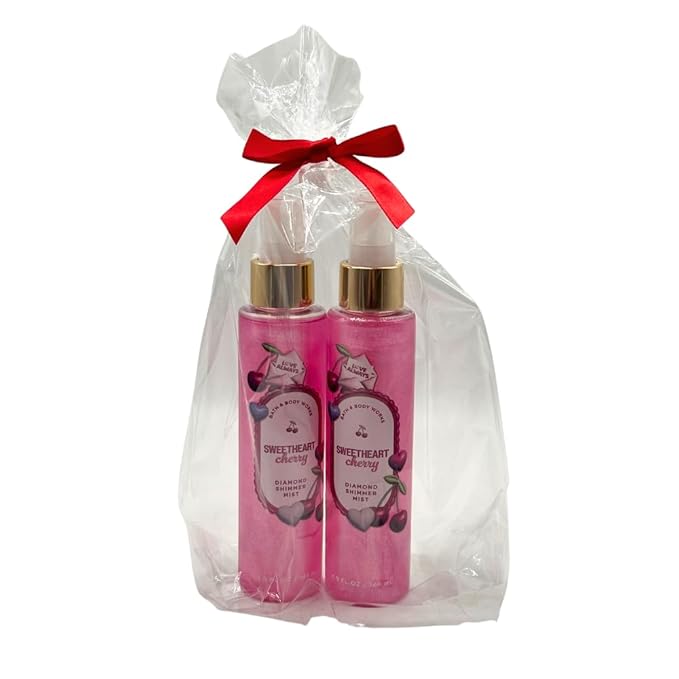 Bath & Body Works SWEETHEART CHERRY Diamond Shimmer Mist for Women 2-piece Set with a Red Bow for Holidays – 4.9 fl oz each