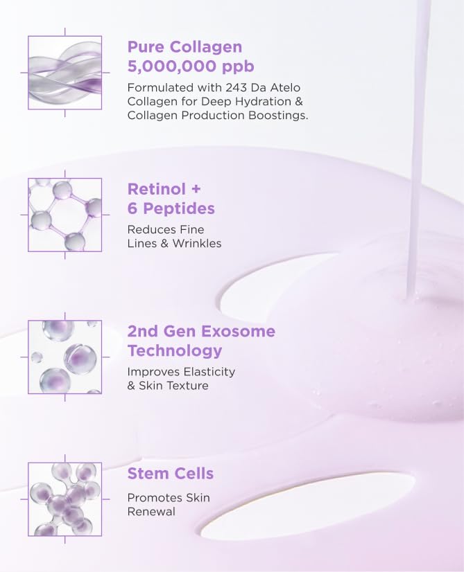 AROCELL Super Collagen Mask 8 Facial Sheet 5,000,000ppb Overnight Dual Matrix Hydrogel Masks with Low Molecular Weight Collagen for Elasticity Hydrating Anti-Aging Cooling Korean Skincare, 43g x 8ea