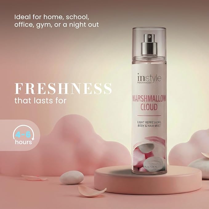 Instyle Fragrances | Body & Hair Mist | Marshmallow Cloud Scent | With Panthenol | CLEAN, Vegan, Paraben Free, Phthalate Free | Premium 8 Fl Oz Spray Bottle