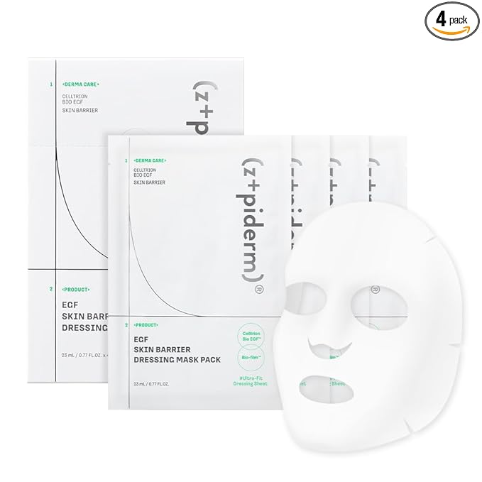Zipiderm EGF Skin Barrier Dressing Sheet Mask – Korean Soothing & Hydrating Facial Mask with Ceramide & Panthenol for Sensitive, Dry & Acne-Prone Skin, Vegan K-Beauty Skincare Sheet, 4EA
