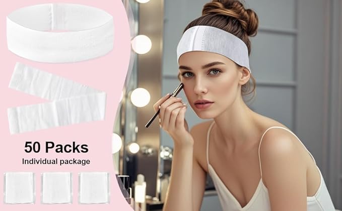 Clucycia 50PCS Disposable Headbands Spa Facial Hair Bands Elastic Non-woven Headband with Magic Tape Stretch Soft Skin Care Hair Band with Straps for Salons Supplies White