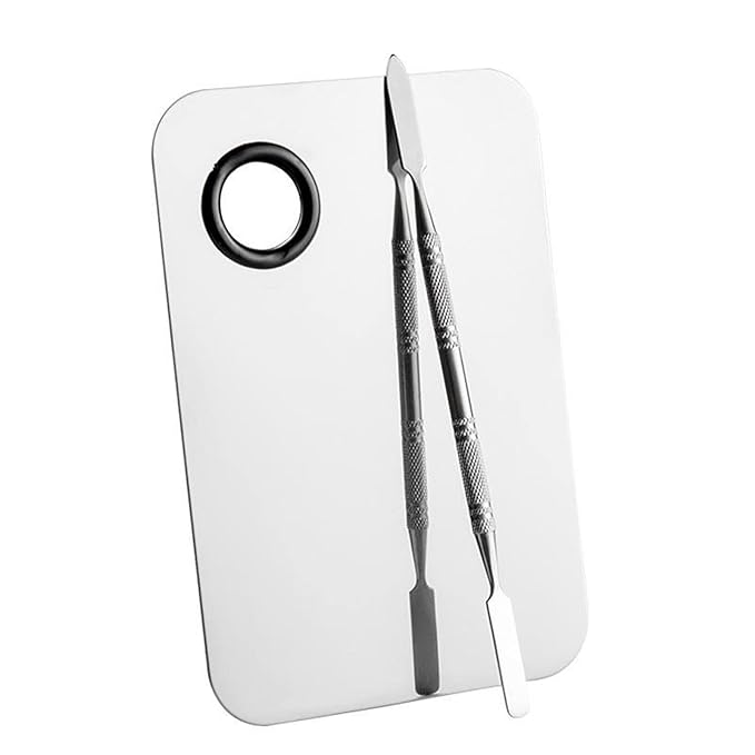 1Pcs Stainless Steel Cosmetic Makeup Mixing Palette and 1Pcs Spatula, Make Up Artist Tray Set Foundation Tool for Facial Cosmetic, Nail Art, Pigment Blending (Large square color palette)
