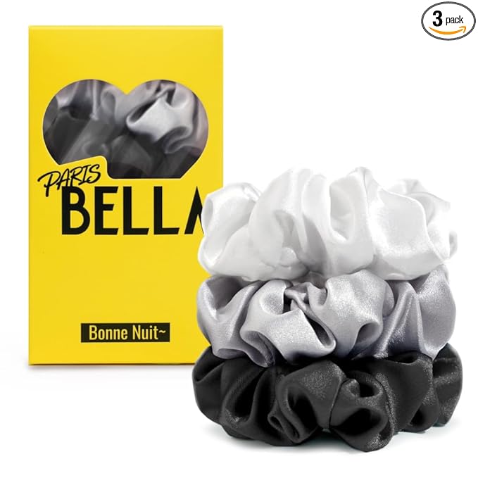 PARISBELLA Silky Satin Scrunchies For Women, Satin Hair Ties for Thick and Thin Hair, Black White and Grey, Pack of 3