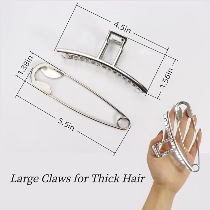 Goth Silver Metal Hair Styling Accessory Set, Extra Large Claw Clip and Oversized Safety Pin, Non-Slip Jaw Clip for Thick Hair, Stylish Headpieces for Daily&Party Outfit Bath Makeup Organize
