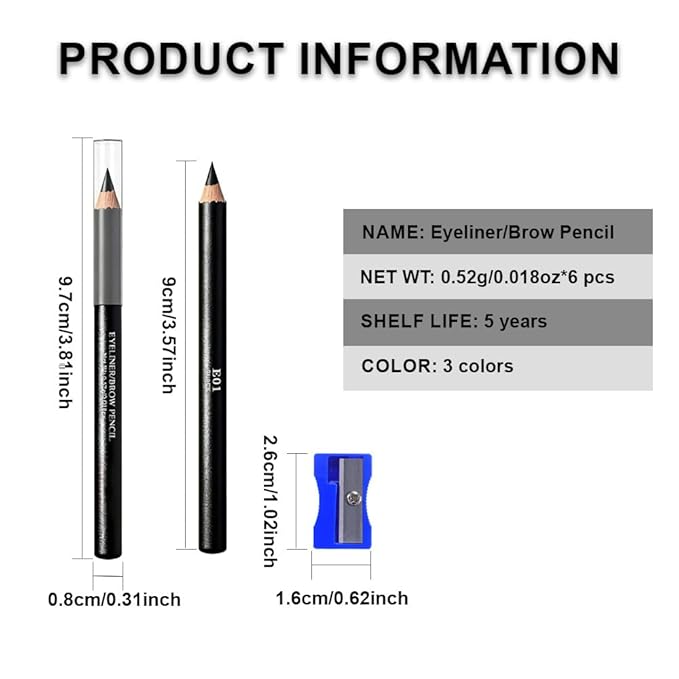 WanTuoluo Eyebrow Pencils for Women with Sharpener, 6Pcs Hard-Core Wooden Eye Brow Eye Liner Pencils for Beginner Makeup, Waterproof & Sweat-Proof (6Pcs-Black)