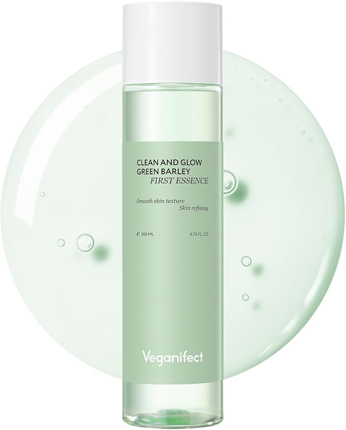 VEGANIFECT Green Barley First Essence, Deep Hydration & Smooth Skin Texture with AHA and Rice, Gently Removes Sebum, Low-Irritation Vegan Korean Skincare for Glowing Skin, 200ml / 6.76 fl oz