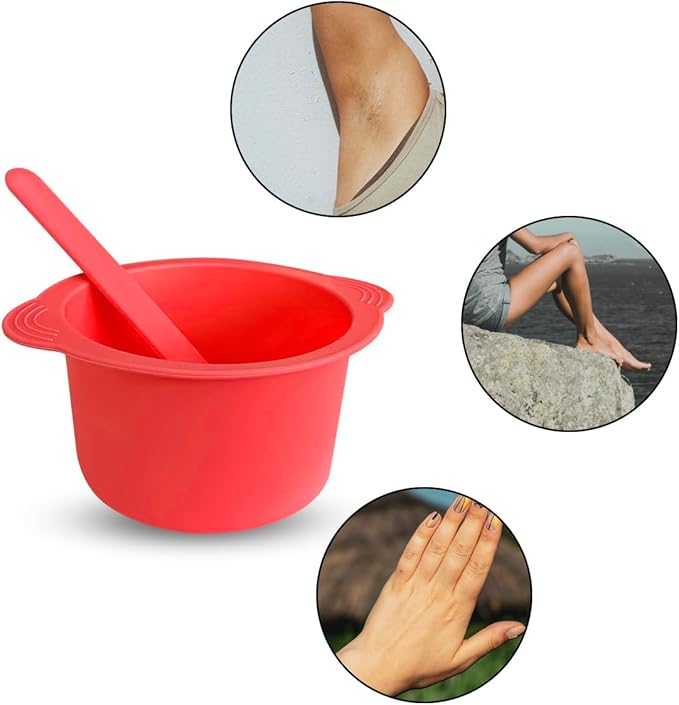 Silicone Wax Bowl with Replacement Liner for Hair Removal, Non-Stick Wax Pot with Spatula Sticks (Red)
