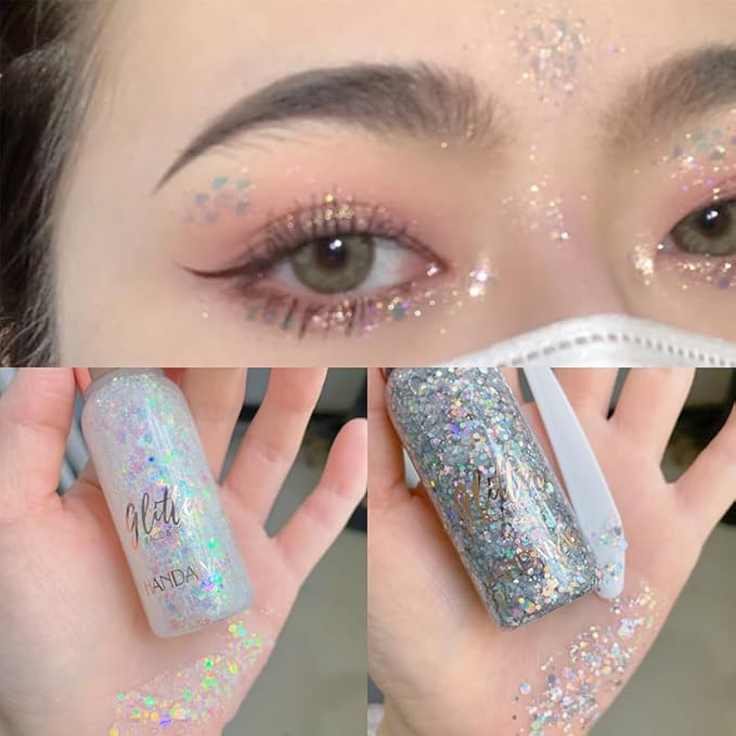 Mermaid Sequins Chunky Glitter Liquid Eyeshadow Glitter Body Gel Festival Glitter Cosmetic Face Hair Nails Makeup Long Lasting Sparkling 30g (#101 Colorful White)