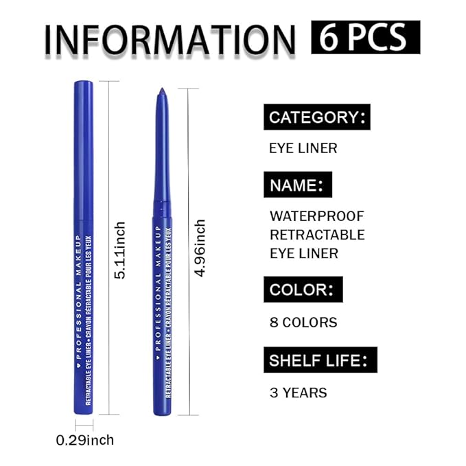 Retractable Creamy Eyeliner Eyeshadow Sticks for Eye Makeup, Ultra Pigmented Mechanical Eye Pencils, Smudge Proof Matte Satin Finish Formula, Longlasting, Vegan & Cruelty-Free (6 Pcs-Sky Blue-06)