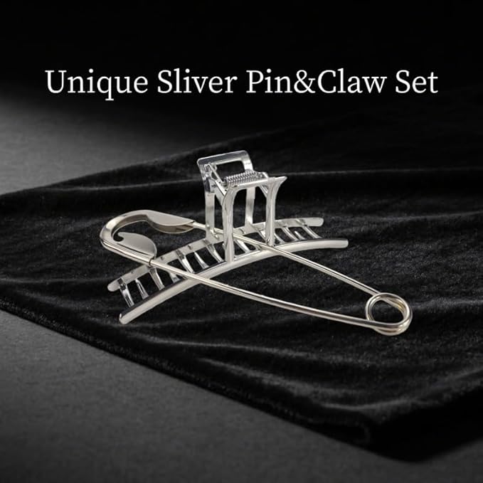 Goth Silver Metal Hair Styling Accessory Set, Extra Large Claw Clip and Oversized Safety Pin, Non-Slip Jaw Clip for Thick Hair, Stylish Headpieces for Daily&Party Outfit Bath Makeup Organize