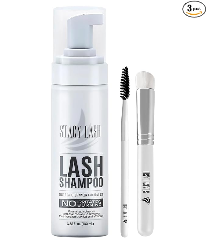 STACY LASH Eyelash Extension Shampoo + Brush / 3.38 fl.oz / 100ml / Eyelid Foaming Cleanser/Wash for Extensions & Natural Lashes/Safe Makeup Remover/Supplies for Professional & Home Use