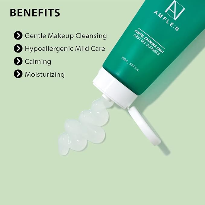 AMPLE:N Centel Calming Shot First Gel Cleanser - Korean Calming Gel Facial Cleanser - Makeup Remover Soap Free Face Wash for Sensitive Skin - Cica and Tea Tree Extract - Fragrance Free - 5.07 fl.oz.