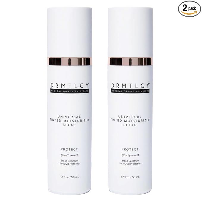 DRMTLGY Anti-Aging Tinted Moisturizer with SPF 46. Universal Tint. All-In-One Light Coverage Dewy Tinted Face Sunscreen with Broad Spectrum Protection Against UVA and UVB Rays. 1.7 oz, 2 pack