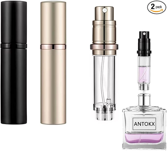 Travel Perfume Bottle Refillable Atomizer - 2-Pack 5ML Pocket Perfume Dispenser, Leakproof Portable Perfume Sprayer (Black & Gold)