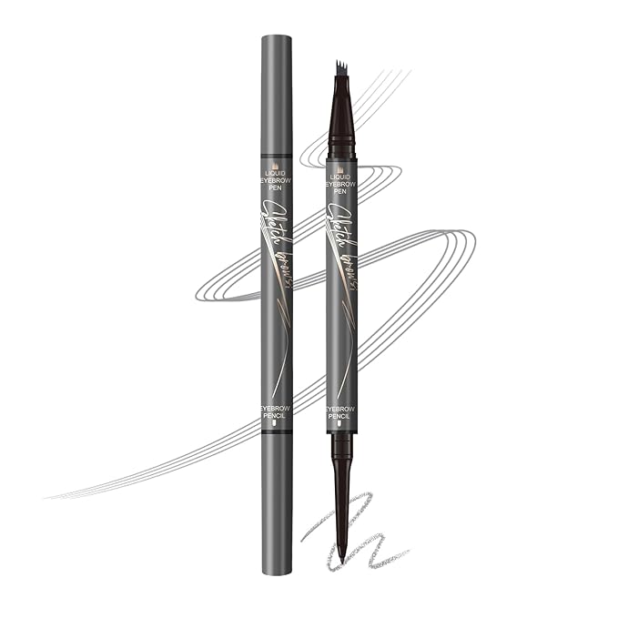 Music Flower Dual-Ended Microfilling Eyebrow Pen, Liquid Eyebrow Pen with 4 Micro Brush-Tip Applicators & Brow Defining Pencil with Precision Tip (Dark Grey)