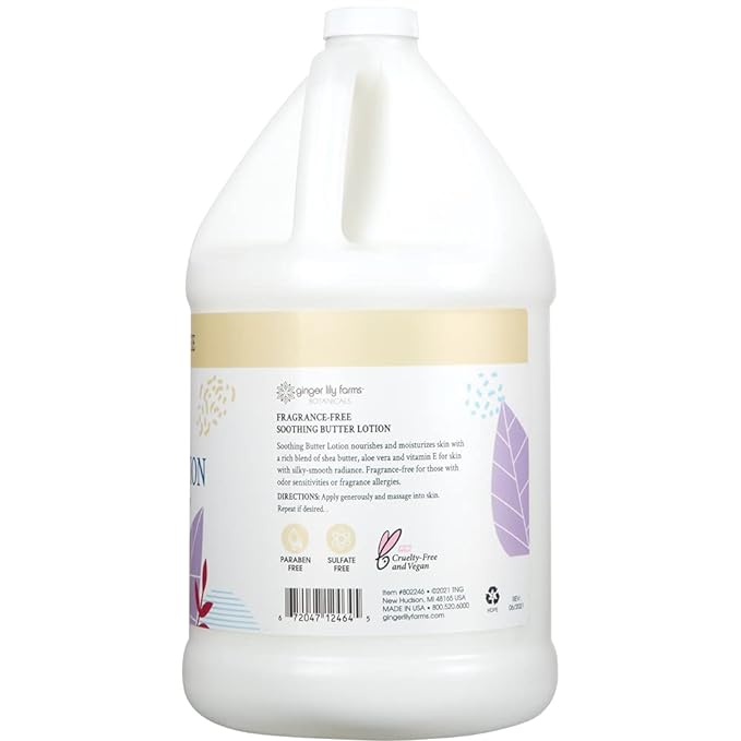 Ginger Lily Farms Botanicals Soothing Butter Lotion for Dry, Sensitive Skin, 100% Vegan & Cruelty-Free, Fragrance Free, 1 Gallon (128 fl oz) Refill (Pack of 4)