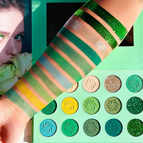 DE'LANCI Avocado Green Eyeshadow Palette 15 Colors, St. Patrick's Day Highly Pigmented Eyeshadow Pallete Matte Shimmer Glitter Eye Shade Makeup, Long Wear Nude Yellow Emerald Green Eye Shadow Pallet