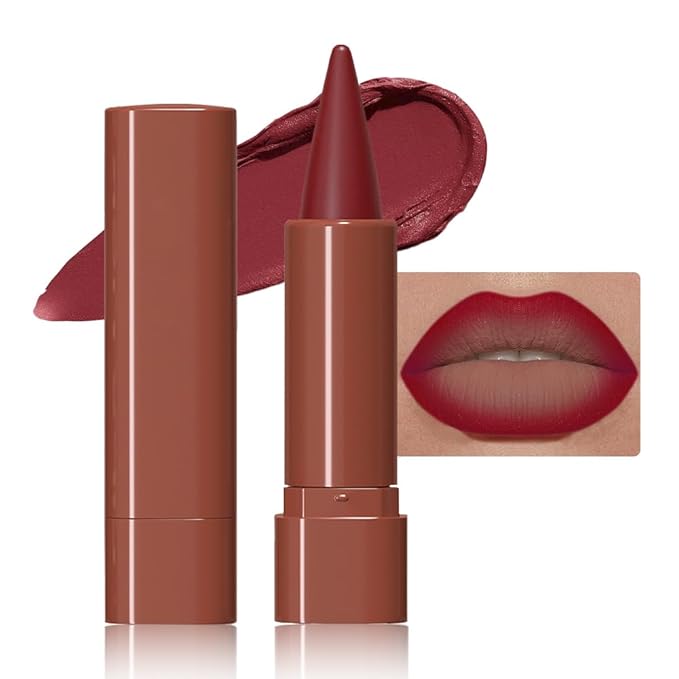 evpct Plum Red Gradient Matte Lipstick Lip Liner Crayon Combo Pencil Set for Women Long Lasting Waterproof, Rich Plum Matte Cream Lip Liner and Lipstick Combo Makeup Flawless Gradual Ombre Effect, A07