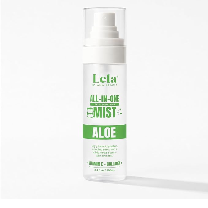 Lela Beauty All-In-One Aloe Mist Hydrating Face, Body & Hair Spray with Vitamin E & Collagen - Lightweight Travel Size Formula with Cooling Facial Mist for Glow & Refreshed Skin - 3.4fl oz