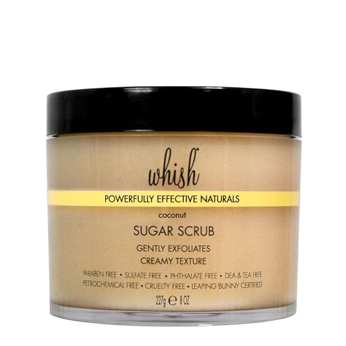 Whish Beauty Coconut Exfoliating Sugar Scrub - Body Scrub for Women - Brown Sugar Exfoliator with Raspberry, Aloe, & Shea Butter - Gentle on All Skin Types - Paraben & Sulfate Free - 8 oz