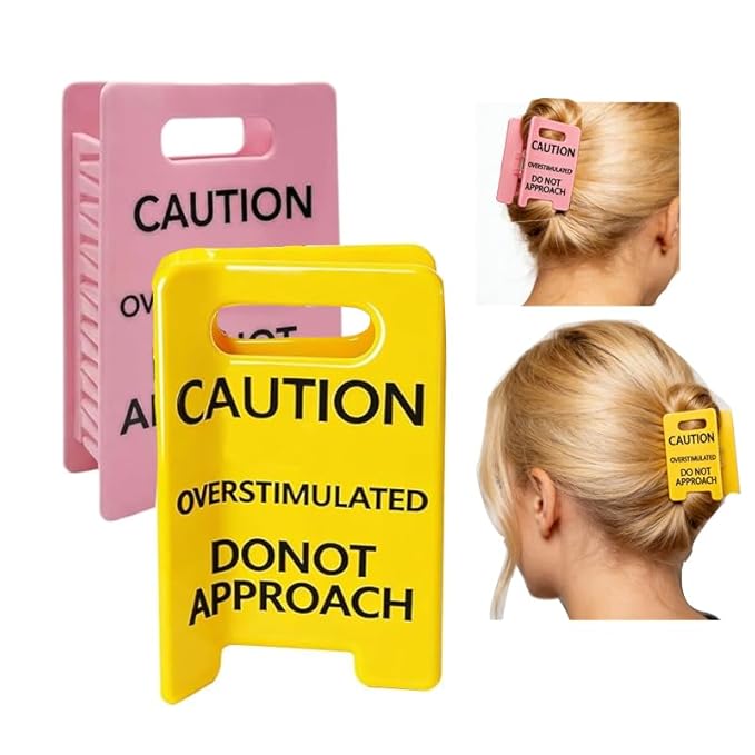 2PCS Excessive stimulation warning symbol hair clip, big yellow warning hair clip, persist partner I overstimulate, fun strong claw clamp (pink,yellow) large size