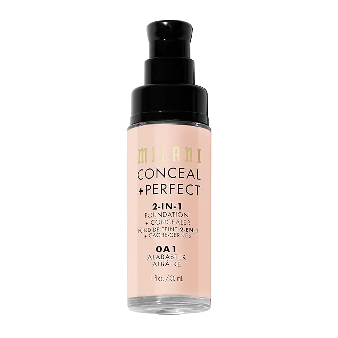 Milani Conceal + Perfect 2-in-1 Foundation + Concealer for a Flawless Complexion, Under Eye Corrector, Cover Redness and Imperfections, Waterproof and Sweatproof - 0A1-Alabaster