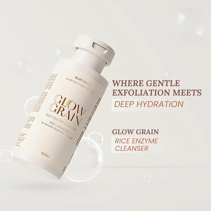 Suroskie Glow Grain Rice Enzyme Cleanser 50 Gm | Ceramide & Lactic | Deep Cleansing Foaming Facewash Powder For Hydrated, Glowing & Brighten Skin | Korean Skincare For All Skin Types For Men & Women
