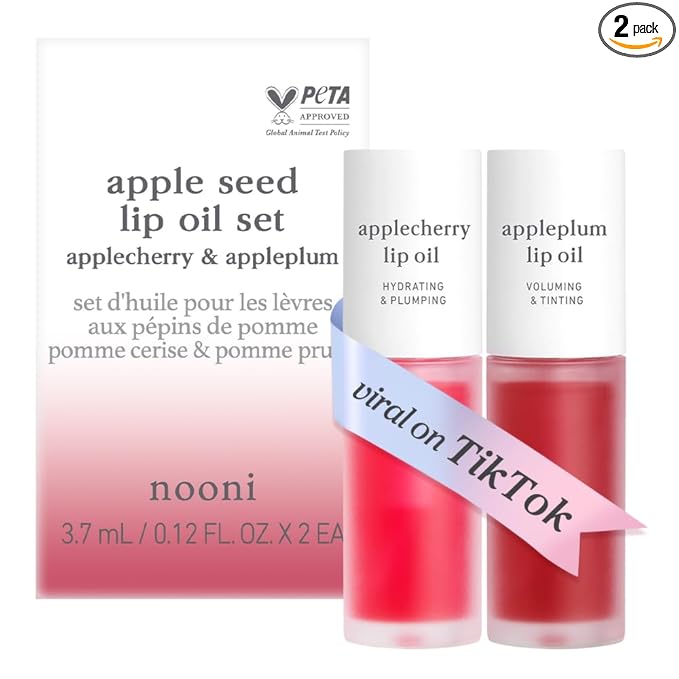 NOONI Vegan Appleseed Lip Oil Set - Applecherry & Appleplum | Long-Lasting, Moisturizing, Plumping, Revitalizing for Dry Lips, Waterproof, No Peel Off, Korean Tint, 0.12 FL Oz x 2ea