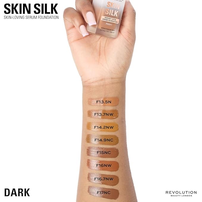 Revolution Skin Silk Radiant Satin Serum Foundation, Buildable Coverage with Hydrating Hyaluronic Acid for a Natural Finish, Vegan & Cruelty-Free, F15NC Dark Skin Tones, 0.77 fl oz
