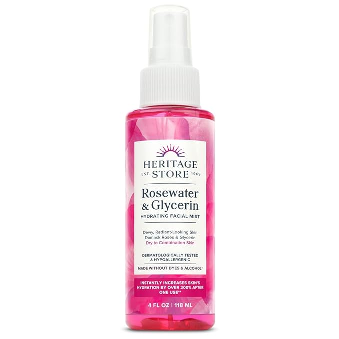 HERITAGE STORE Rosewater & Glycerin Hydrating Facial Mist - Dry Combination Skin Care - Rose Water Spray w/Vegetable Glycerine, Made Without Dyes or Alcohol, Hypoallergenic, 4 Fl Oz