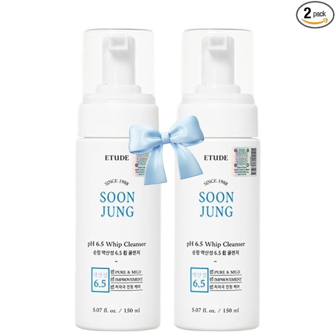 ETUDE SoonJung pH 6.5 Whip Cleanser Duo Set| Mild Micro Foaming Face Wash for Sensitive Skin, Panthenol, Madecassoside for Soothing, Barrier Repair, Vegan Certified, Non-comedogenic, 10.14 Fl Oz