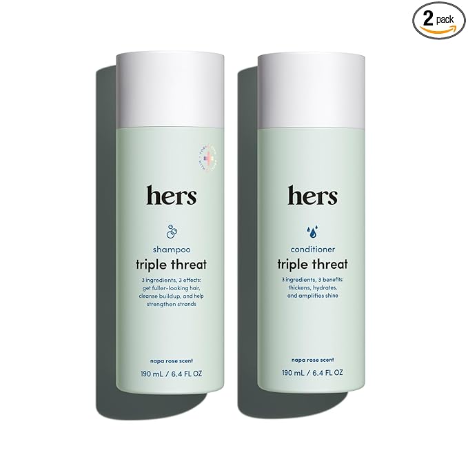 hers Triple Threat Shampoo & Conditioner Set - Biotin, Saw Palmetto, & Pumpkin Seed Oil Formula - Thickens & Hydrates - Color-Safe, Paraben-Free, Vegan - Napa Rose Scent - 6.4 Fl Oz, 2 Count