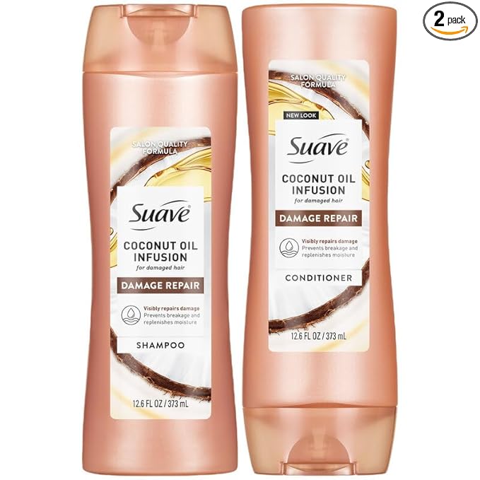 Suave Coconut Infusion Shampoo and Conditioner, Visible Damage Repair – Moisturizing Frizz Control Hair Products for Women & Men, 12.6 Oz Ea