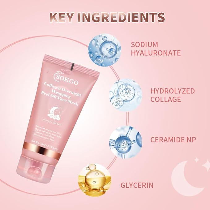 Sokgo Collagen Overnight Wrapping Mask, Intensive Hydration Anti Aging Overnight Skin Treatment, Boosts Elasticity and Firmness, Revitalizes Dull Skin Reduces Fine Lines and Wrinkles (2PCS)