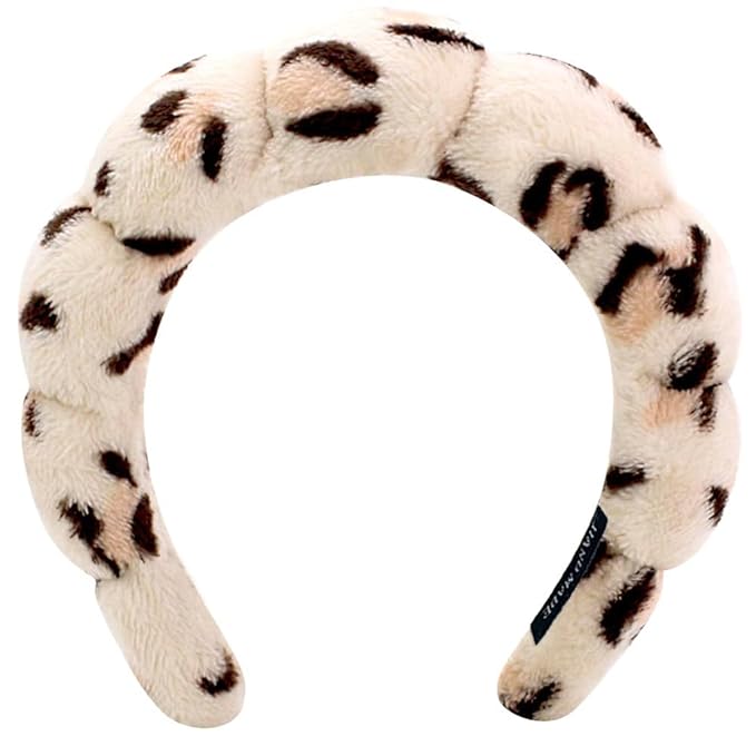 AOENJIE Spa Headbands for Washing Face or Makeup, Sponge Bubble Skincare Headbands, Puffy Terry Cloth Hairband for Women, Skin Care Makeup Headwear Hair Accessories for Girls (Leopard Khaki)