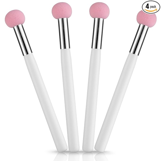 Sibba 4-Piece Foundation Brush Set Pink & White Handle Makeup Brushes for Powder, Blush, Contour & Concealer - Includes Sponge, Angled Blending Brushes for Professional Beauty Techniques