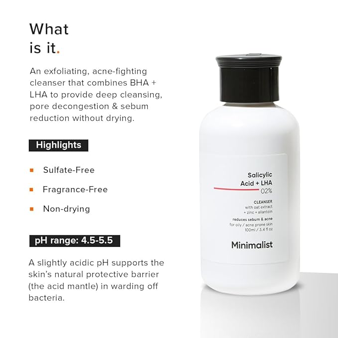 Minimalist 2% Salicylic Acid Face Wash for Oily, Acne Prone Skin | Anti Acne Face Wash With LHA & Zinc | Sulphate free Gentle BHA Liquid Exfoliant | For Women & Men | 3.4 Fl Oz / 100 ml