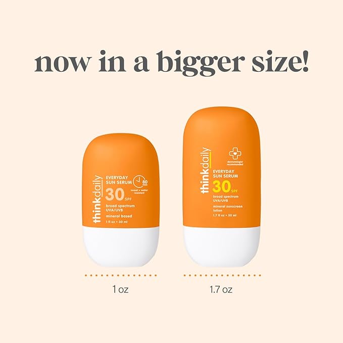 Thinkdaily SPF 30 Face Sunscreen Serum 1.7 oz, Mineral Sunscreen with Non-Nano Zinc Oxide 22%, UVA/UVB Protection, 80-Minute Water & Sweat Resistant, Lightweight Luminous Finish, Reef Friendly