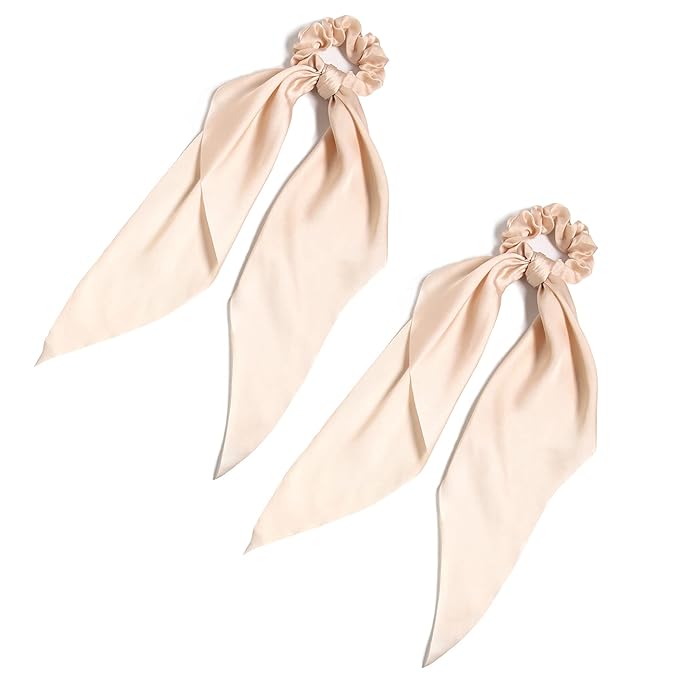 Hair Scarf Scrunchies for Women, LFOUVRE Scarf Scrunchies, 2pcs Knotted Scarf Hair Ties for Girls,Silky Satin Hair Scarf Headband, Elastic Hair Bands Ribbon Scrunchy, Ponytail Holder Hair Accessories