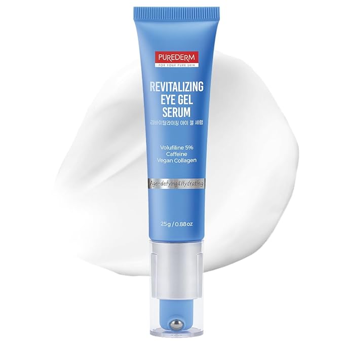 Purederm Revitalizing Eye Gel – Cooling Under Eye Serum Roller with Caffeine and 5% Volufiline – Depuffing Puffy Eyes, Dark Circles & Fine Lines – Daily Use, 0.88 oz