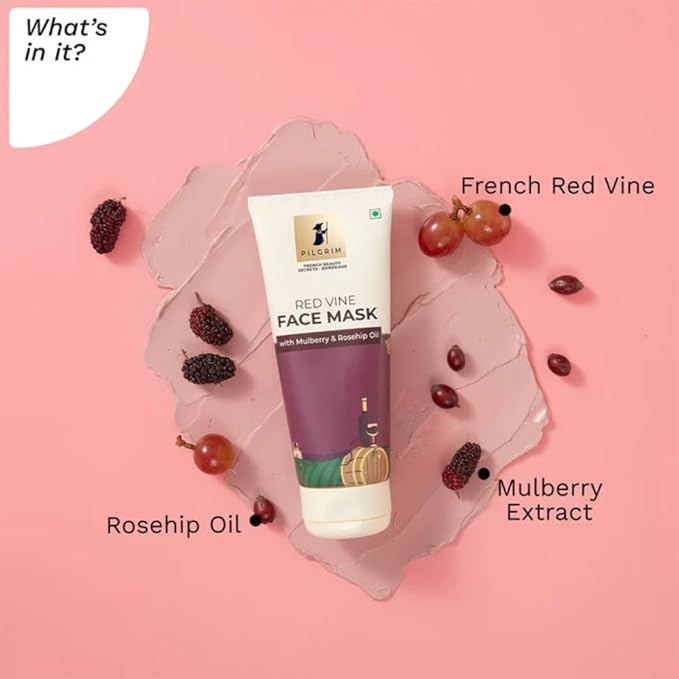 Pilgrim Red Vine Face Mask with Mulberry & Rosehip Oil | Wash-Off Mask for Clear, Smooth & Radiant Skin | Hydrating Formula for All Skin Types | Vegan & Cruelty-Free | 3.53 Oz (100g)