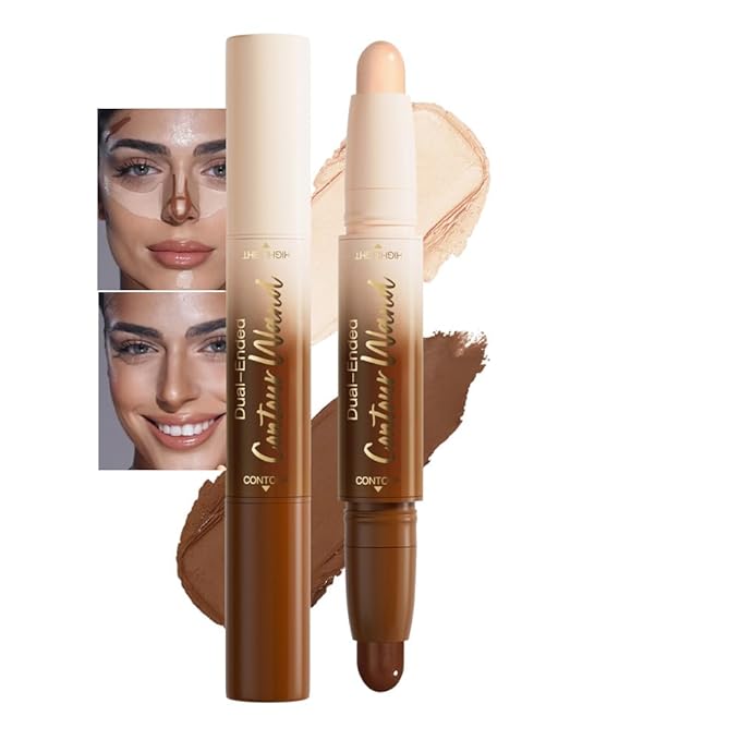 Dual Ended Contour Stick, Nude + Light Beige Cream Concealer Highlighter, Waterproof No Transfer Long-Lasting 2-in-1 Face Contour Bronzer Stick for Daily Makeup 22#