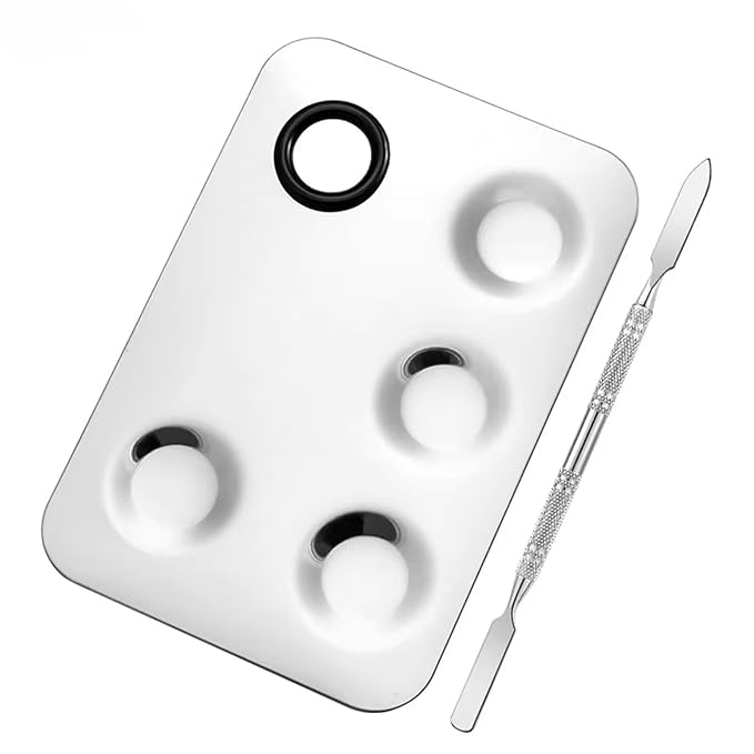 2 in 1 Set Stainless Steel Square Five Holes Mixing Color Palette Tray and Makeup Spatula Tools for Beauty Nail Art DIY (Square five hole color palette)