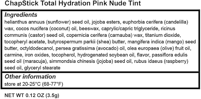 ChapStick Total Hydration Moisture + Tint Pink Nude Tinted Lip Balm Tube, Tinted Moisturizer - 0.12 Oz