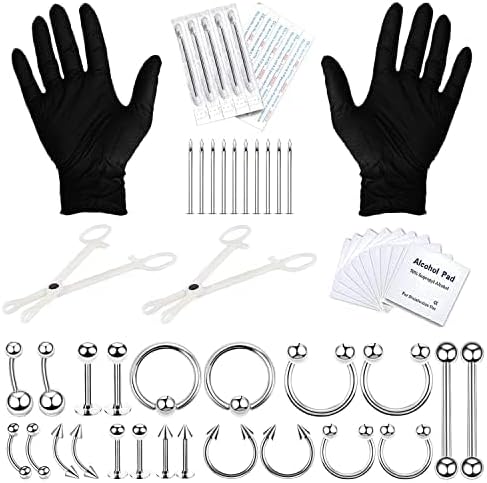 BodyJ4You 36PC PRO Body Piercing Kit - Nose Septum Ear Cartilage Lip Belly Navel Tragus Eyebrow - Surgical Steel 14G 16G BCR CBR Ring Barbell Spike - Tools Needles Gloves Clamps